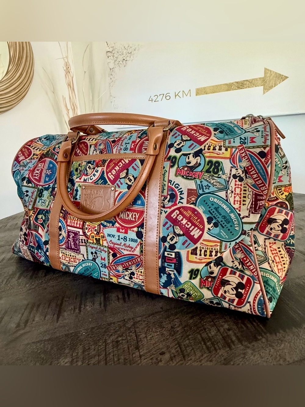 Disney Multicolor Mickey Patchwork Duffel with Tan Handles